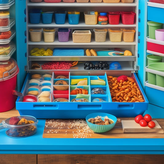 A colorful, open sliding pantry drawer filled with vibrant snacks, child-sized utensils, and neatly arranged food containers. Soft, rounded edges on the drawer, with playful animal motifs and safety features visible. Bright, inviting kitchen background.