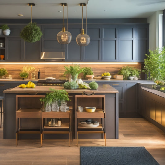 A contemporary kitchen island with sleek, hidden drawers, organized spice racks, and pull-out shelves, surrounded by elegant bar stools, with warm lighting highlighting stylish decor and vibrant plants, creating a functional yet inviting space.