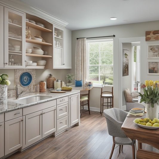 An image of a senior-friendly kitchen featuring a walk-in pantry with slide-out shelves, a wall-mounted fold-down table, and a sink with a single-handle faucet and grab bars nearby.