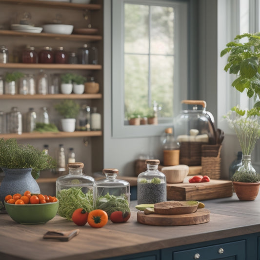 A beautifully organized kitchen island with open shelves, featuring neatly arranged colorful cookbooks, glass jars filled with spices, a potted herb plant, and stylish wooden cutting boards, all bathed in warm, natural light.
