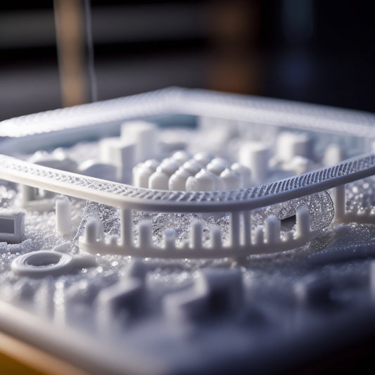 A close-up of a 3D printer's glass bed, with a delicate, intricately designed thin-blade cookie cutter emerging from a bed of white powdered resin, surrounded by tiny support structures and wispy threads.