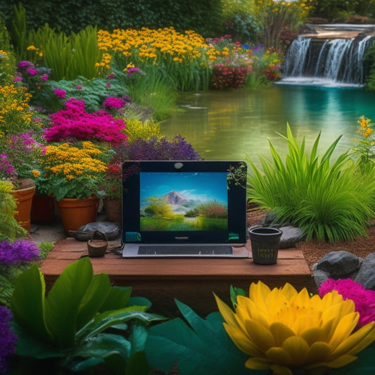 A vibrant, lush garden scene with a variety of colorful flowers, lush greenery, and a small pond, surrounded by gardening tools and a laptop with a screen displaying a PLR pack.