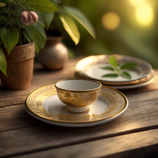 A stylized illustration of a Dixie cup and plate on a rustic wooden table, surrounded by lush greenery and a faint Southern-inspired pattern in the background, with warm golden lighting.