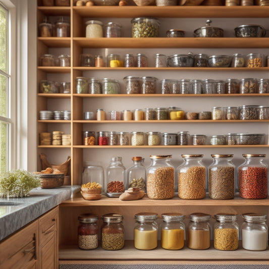 A beautifully organized kitchen cabinet showcasing clear glass jars filled with colorful spices, neatly stacked pots and pans, and wooden dividers holding utensils, all bathed in warm, natural light, creating a serene, clutter-free atmosphere.