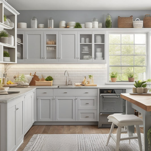 A bright, modern kitchen with pale gray cabinets, white countertops, and a small island, featuring a mix of open and closed storage solutions, including baskets, shelves, and a pegboard.