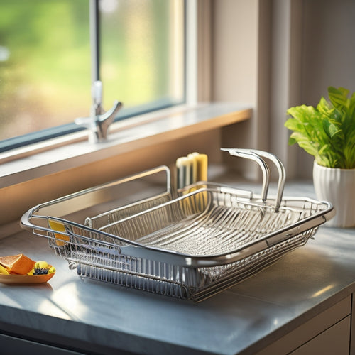 A sleek, stainless steel dish drainer glistens on a granite countertop, water droplets sliding off its rust-resistant surface. Soft natural light filters through a nearby window, highlighting shiny plates and utensils neatly arranged in it.