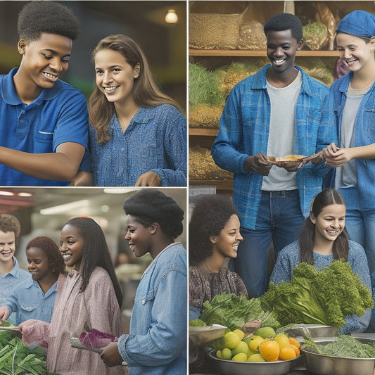 A diverse group of smiling teenagers, aged 14-18, gathered around a bustling farmer's market stall, engaged in various food safety activities: washing produce, using thermometers, and handling food with gloved hands.