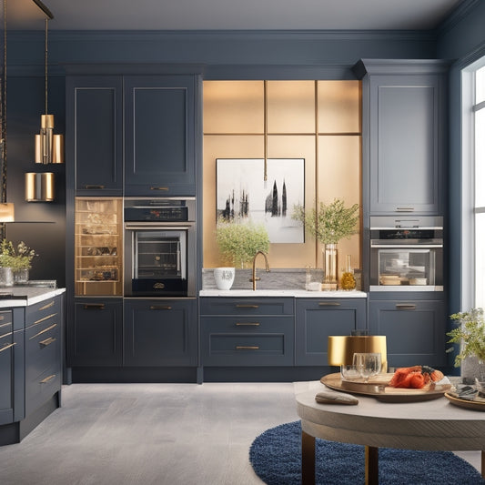 A stylized illustration of a sleek, modern kitchen with Summit appliances as the centerpiece, surrounded by award trophies and medals, with a subtle background of the KBIS event.