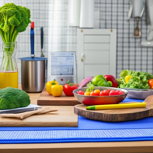 An organized kitchen counter with a wooden cutting board, a stainless steel kitchen scale, and a few colorful vegetables, surrounded by three open recipe binders with blank pages and a pencil.