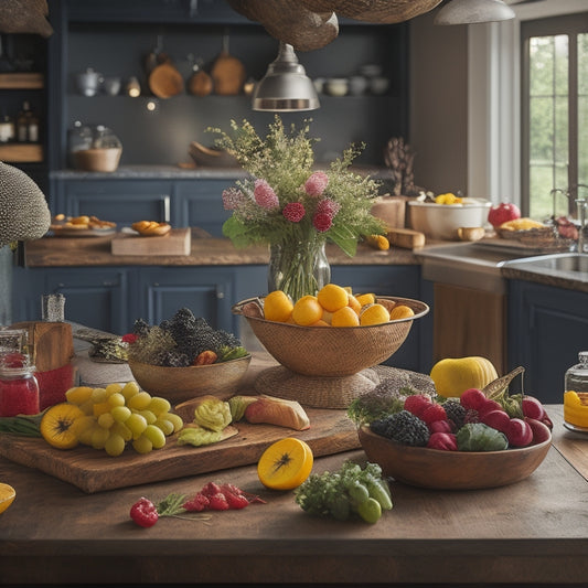 A modern kitchen scene with a large, wooden island at its center, adorned with a vibrant, layered food presentation: colorful fruits, artisanal cheeses, and fresh flowers.