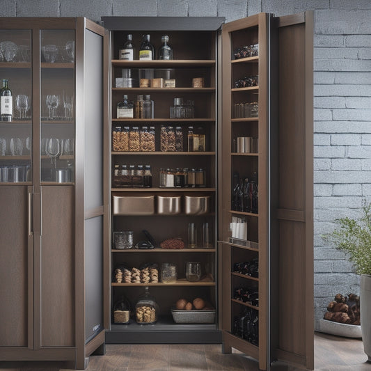 A sleek, modern freestanding pantry unit with rich wooden finishes, featuring elegant wine racks filled with assorted bottles, alongside neatly organized shelves of gourmet ingredients, soft ambient lighting enhancing its sophisticated appeal.