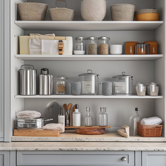 A well-organized kitchen cabinet with adjustable shelves, dividers, and baskets, featuring a utensil organizer, spice rack, and a Lazy Susan, set against a light gray background with soft, warm lighting.