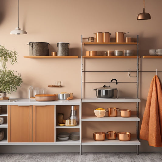 A stylized, modern kitchen with various online storage solutions: a slide-out trash can, a wall-mounted pot rack, a set of stackable containers, and a pull-down spice rack, all in a warm, minimalist aesthetic.