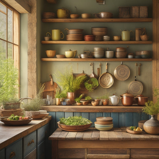 A rustic kitchen scene featuring elegant wooden wall-mounted racks adorned with colorful ceramic dishes and vintage utensils, complemented by hanging herbs and a backdrop of warm, natural light filtering through a nearby window.