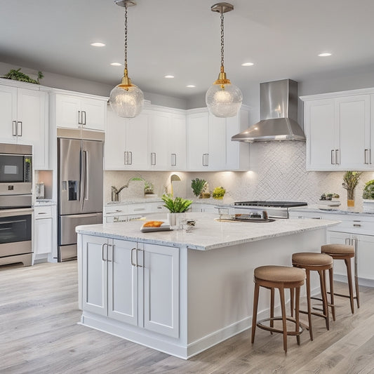 A bright, modern kitchen with sleek white cabinets, quartz countertops, and stainless steel appliances, featuring a stunning island with a built-in cooktop and pendant lighting.