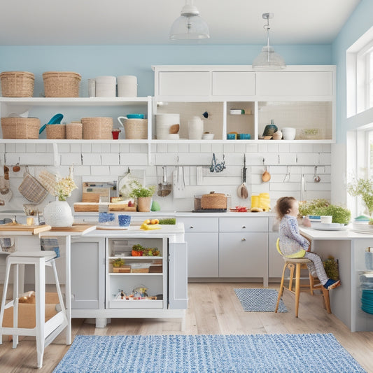 A bright, airy kitchen with sleek white cabinets, a large island, and a pegboard with organized utensils and baskets, surrounded by happy, playing children and a few scattered toys.