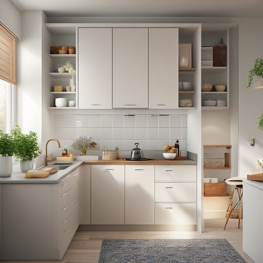 A bright, modern kitchen with pull-out shelves, soft-close drawers, and a lazy Susan in a corner cabinet, surrounded by minimalist decor and plenty of natural light.