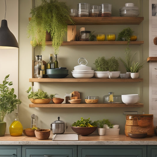 A bright, organized kitchen with a prominent wall-mounted shelf featuring neatly arranged over-the-counter essentials like olive oil, spices, and cookbooks, surrounded by subtle warm lighting and a few potted herbs.