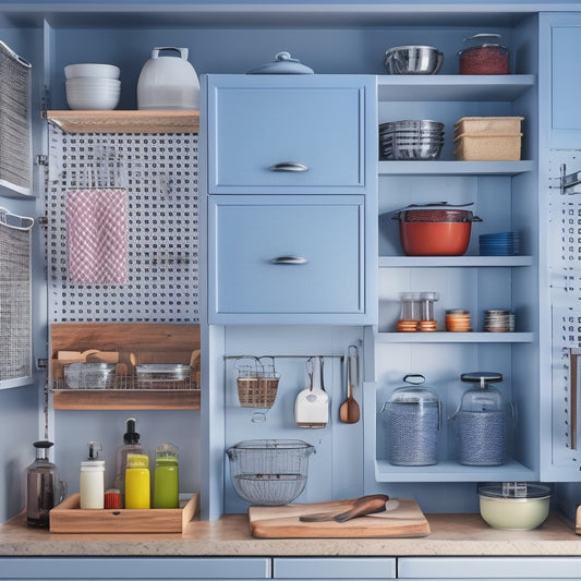 A clutter-free kitchen cabinet with pull-out drawers, adjustable shelves, and a pegboard on the back of the door, showcasing various kitchen utensils and cookware organized efficiently.