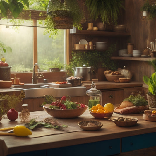 A vibrant kitchen scene featuring a wooden island adorned with colorful cookbooks, utensils, and ingredients, surrounded by lush greenery and warm golden lighting.