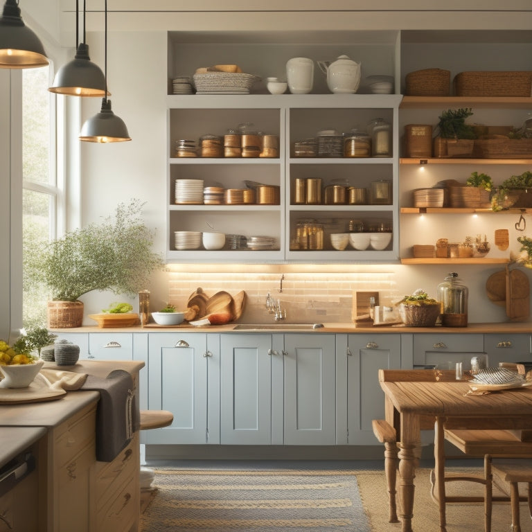 A serene kitchen interior with warm lighting, featuring a minimalist island with built-in drawers, a pegboard with hung utensils, and open shelving with neatly stacked cookbooks and decorative jars.