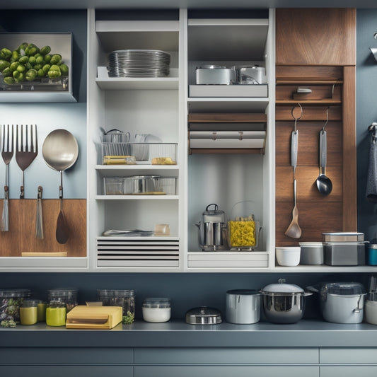 A cluttered kitchen with utensils scattered on countertops, overflowing from drawers, and hanging haphazardly from hooks, contrasted with a sleek, organized drawer featuring neatly arranged utensils in a custom storage system.