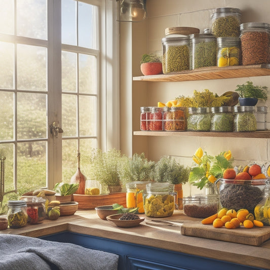A bright kitchen scene showcasing a wooden tiered rack filled with colorful spices, neatly arranged jars, and vibrant fruits, surrounded by fresh herbs, soft sunlight streaming in through a window, enhancing the organized charm.