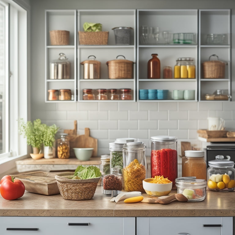 A modern kitchen with a tablet on the counter displaying a digital inventory management app, surrounded by organized jars, baskets, and a few fresh ingredients, with a subtle background of a pantry.