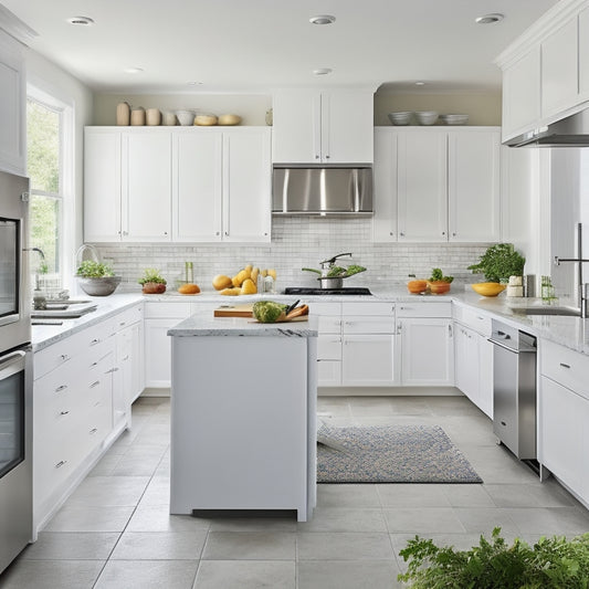 A bright, modern kitchen with sleek white cabinets, a large island, and a stainless steel refrigerator, showcasing organized cookware, utensils, and ingredients, with ample negative space and soft, natural light.