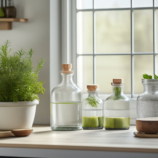 A sleek kitchen countertop featuring a minimalist arrangement of clear glass jars, a wooden cutting board, elegant stone containers, and a single potted herb, all bathed in soft natural light.