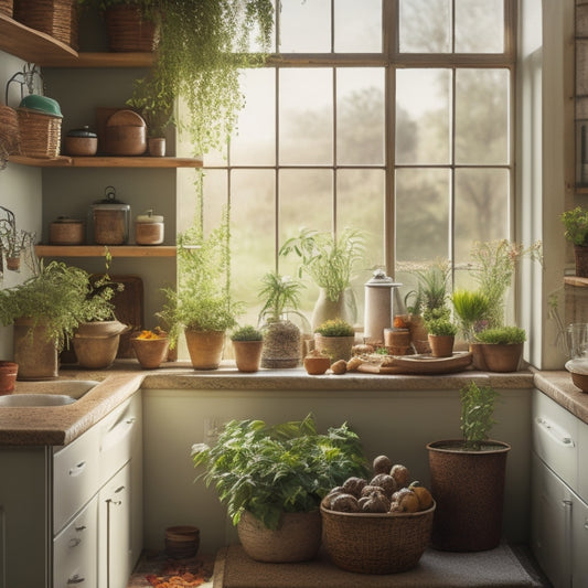 A cozy kitchen corner featuring a stylish tiered rack filled with colorful spices, fresh herbs, and neatly arranged dishware, surrounded by potted plants and soft natural light filtering through a window.