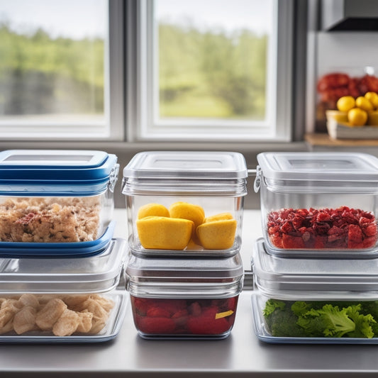 A minimalist kitchen counter scene featuring a set of matching, transparent, rectangular meal prep containers with lids in various sizes, arranged in a tidy, grid-like pattern.