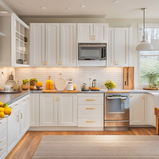 A bright, modern kitchen with sleek, white cabinets featuring pull-out shelves, lazy susans, and adjustable dividers, surrounded by warm, natural wood accents and stainless steel appliances.