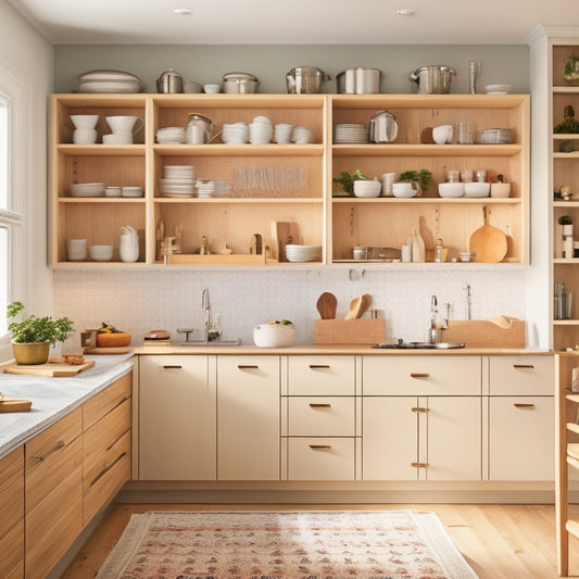 A clutter-free kitchen with a wall of floor-to-ceiling cabinets, featuring pull-out shelves, hidden drawers, and a pegboard with hanging utensils, all in a clean, minimalist style with plenty of natural light.