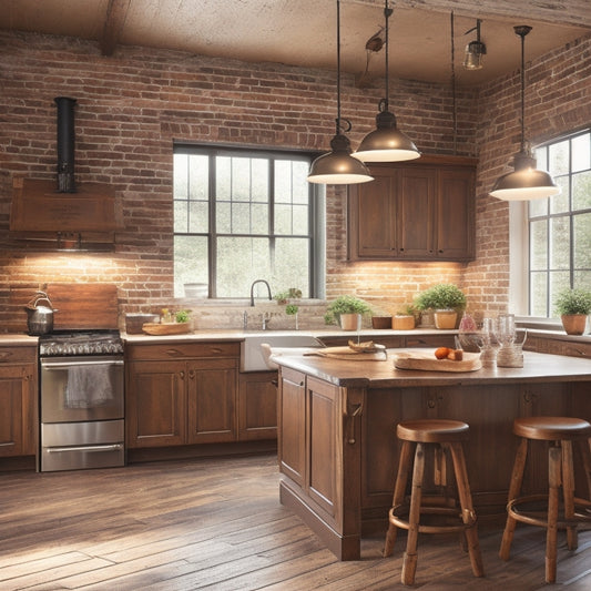 Image prompt: A warm, inviting modern kitchen featuring distressed wood cabinets, exposed brick, and metal accents, with a large wooden island topped with a vintage-inspired pendant light fixture.