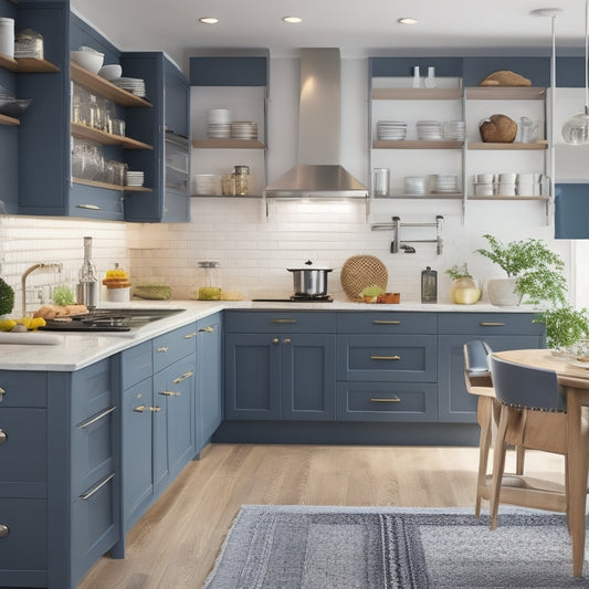 A modern kitchen showcasing smart storage solutions: open shelving with neatly arranged dishes, pull-out drawers with organized utensils, a compact island with bar stools, and vertical storage for pots and pans against a bright, airy backdrop.