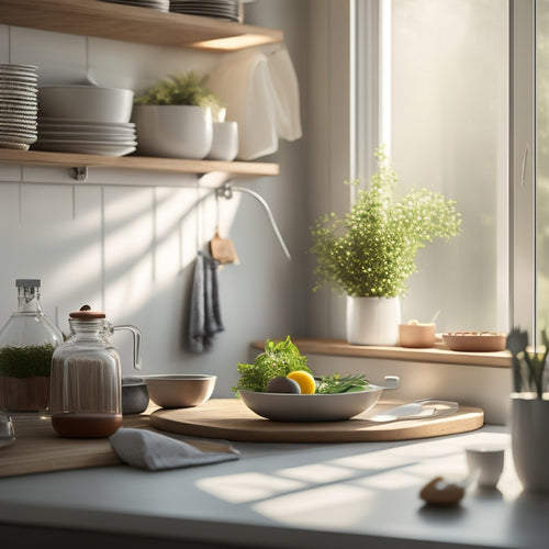 A minimalist kitchen scene featuring a compact, multi-tiered dish rack with dishes neatly arranged. Sunlight streams through a small window, illuminating a cozy, stylish tiny home interior with natural wood accents and greenery.