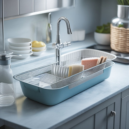 A stylish sink caddy with a built-in dish drainer, featuring sleek compartments for sponges and brushes, water droplets glistening on clean dishes, set against a modern kitchen backdrop with natural light streaming in.