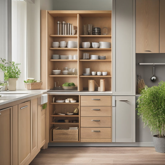 A cozy, modern kitchen with integrated pull-out shelves, a compact rolling island, and concealed cabinets. Soft natural light illuminates innovative vertical storage, while herbs and utensils peek from clever, hidden compartments.