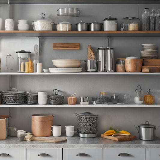 A well-organized kitchen cabinet with adjustable shelves, dividers, and baskets, showcasing a mix of cookware, utensils, and ingredients, with a few items slightly ajar to convey a sense of accessibility.