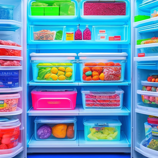 An organized freezer with labeled bins, baskets, and color-coded storage containers, surrounded by frozen food items, with a subtle grid of lines and checkboxes in the background.