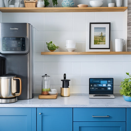 A bright and modern kitchen with sleek countertops, a large touchscreen display mounted on the wall, and a few sleek gadgets like a smart coffee maker and a digital Instant Pot, amidst a tidy and organized backdrop.