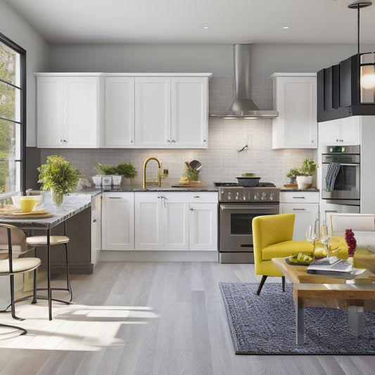 A bright, modern kitchen with sleek white cabinets, dark hardwood floors, and large windows. A 3D floor plan is projected on a wall, surrounded by colorful design swatches and furniture models.