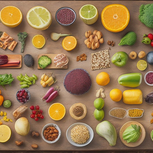 An image of a digital slide with colorful icons of various food items, such as fruits, vegetables, meats, and snacks, arranged in categorical groups with connecting lines and arrows.