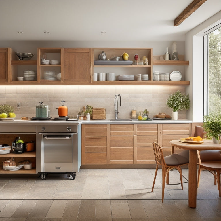 An image of a modern kitchen with a wheelchair-accessible island, pull-out shelves, and lowered cabinets with U-shaped handles, showcasing a seamless and inclusive cooking space.