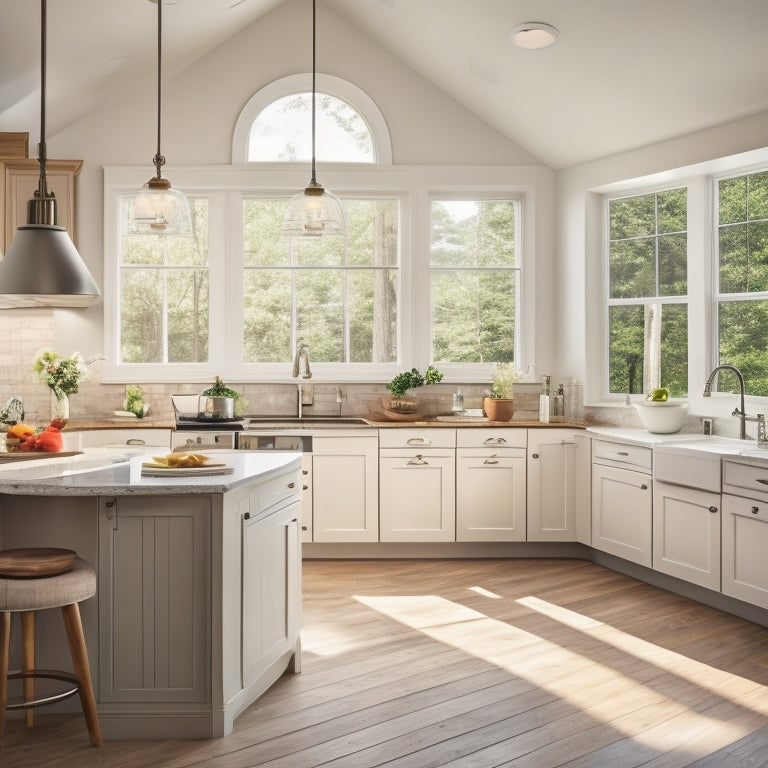 An L-shaped kitchen with light-wood cabinetry, white quartz countertops, and a peninsula with a built-in cooktop, surrounded by a circular flow path and ample natural light from a large window.