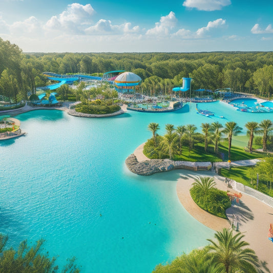 A serene aerial view of a sprawling water park with turquoise pools, winding water slides, and lush greenery, set against a bright blue sky with a few puffy white clouds.