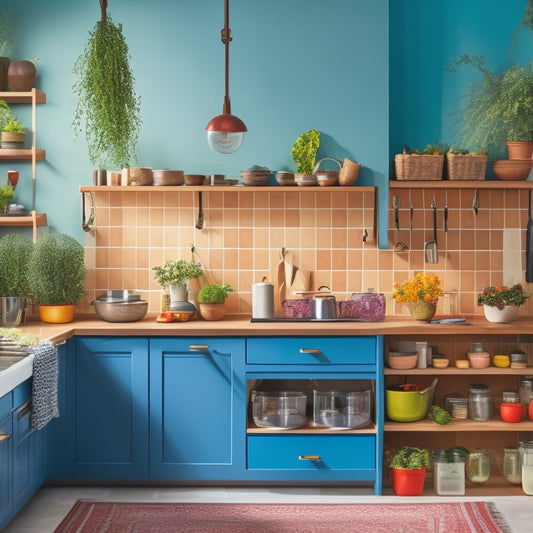 A bright, modern kitchen featuring an over-the-door hanging rack filled with colorful pots, pans, and utensils, surrounded by herbs in small pots, and neatly organized spice jars, all against a sleek cabinetry backdrop.