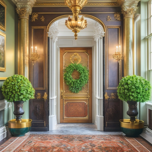 A grand, ornate doorway with polished brass hardware, flanked by potted topiaries, leading to a spacious, high-ceilinged foyer with a crystal chandelier and restored, richly-grained hardwood floors.