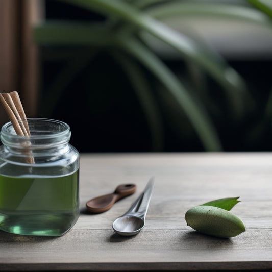 A serene, minimalist composition featuring a lush aloe vera plant, a small glass jar, scissors, and a wooden spoon, set against a natural, earthy background with plenty of negative space.